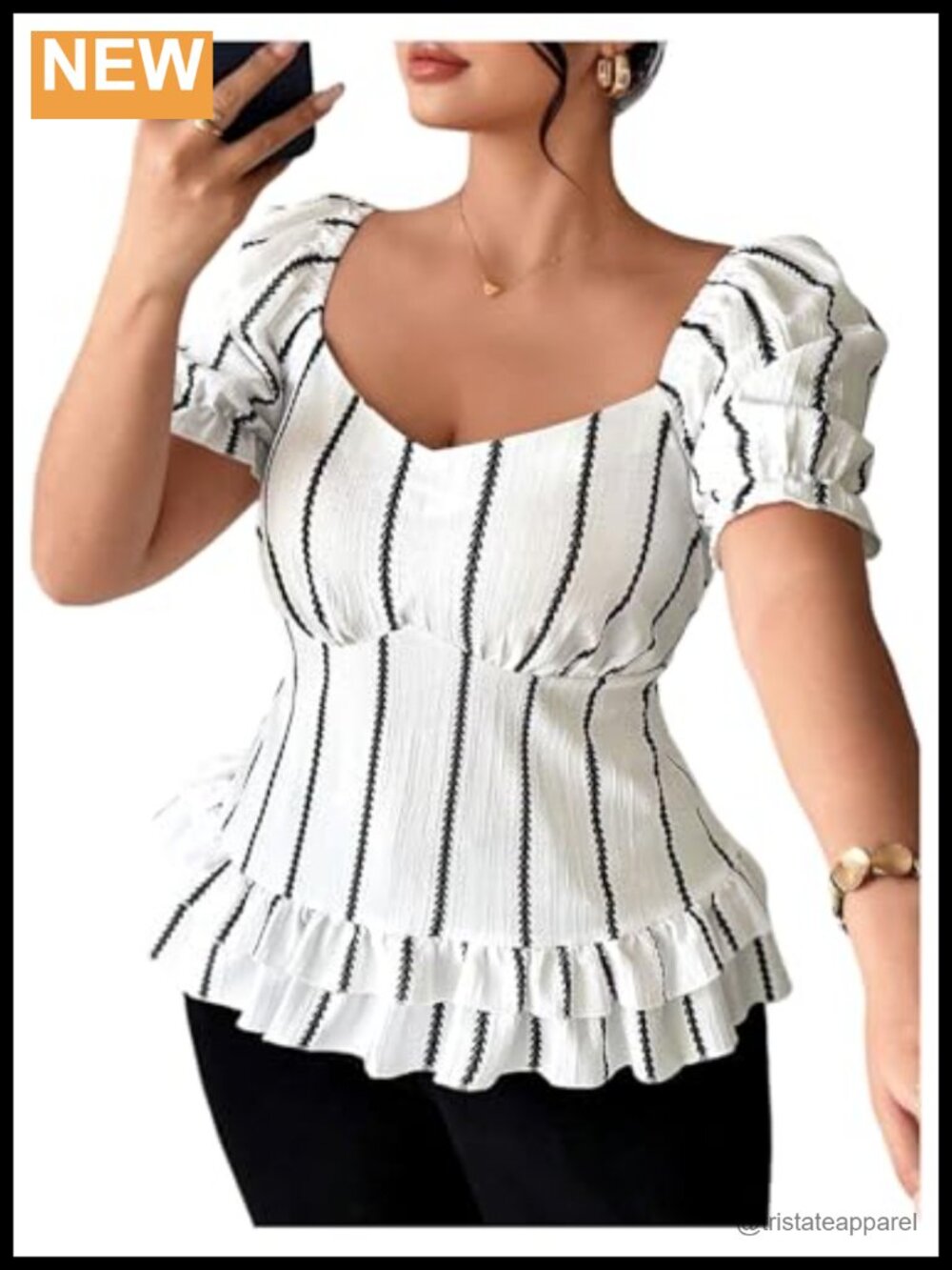 Plus Size Textured Striped Blouse Short Sleeve Ruffle Sweetheart Neck Top